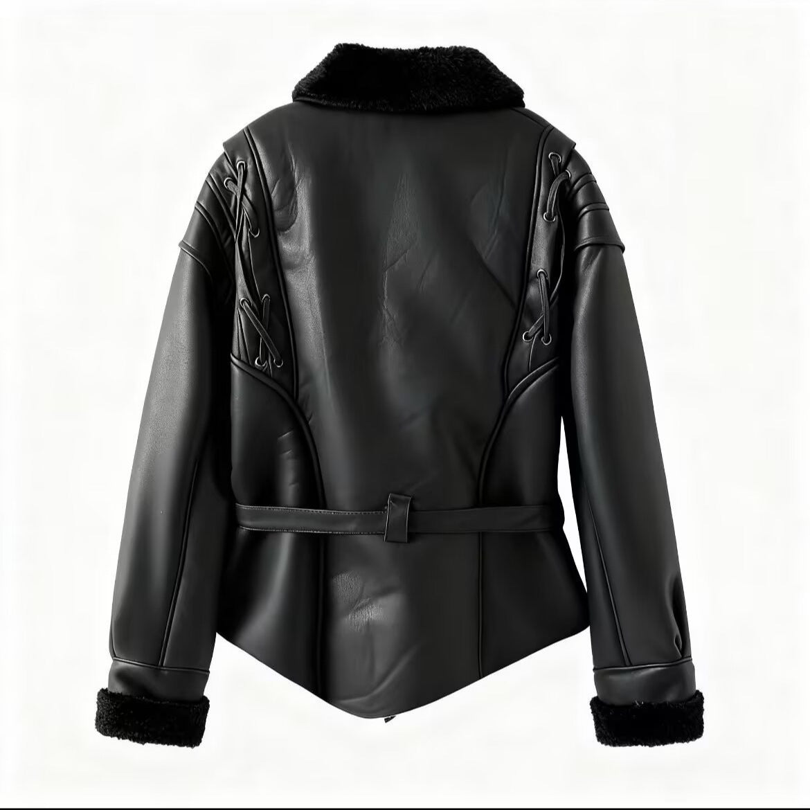 Street green fruit collar fur integrated with belt leather jacket