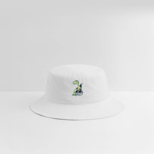 a broken legged dinosaur on wheelchair