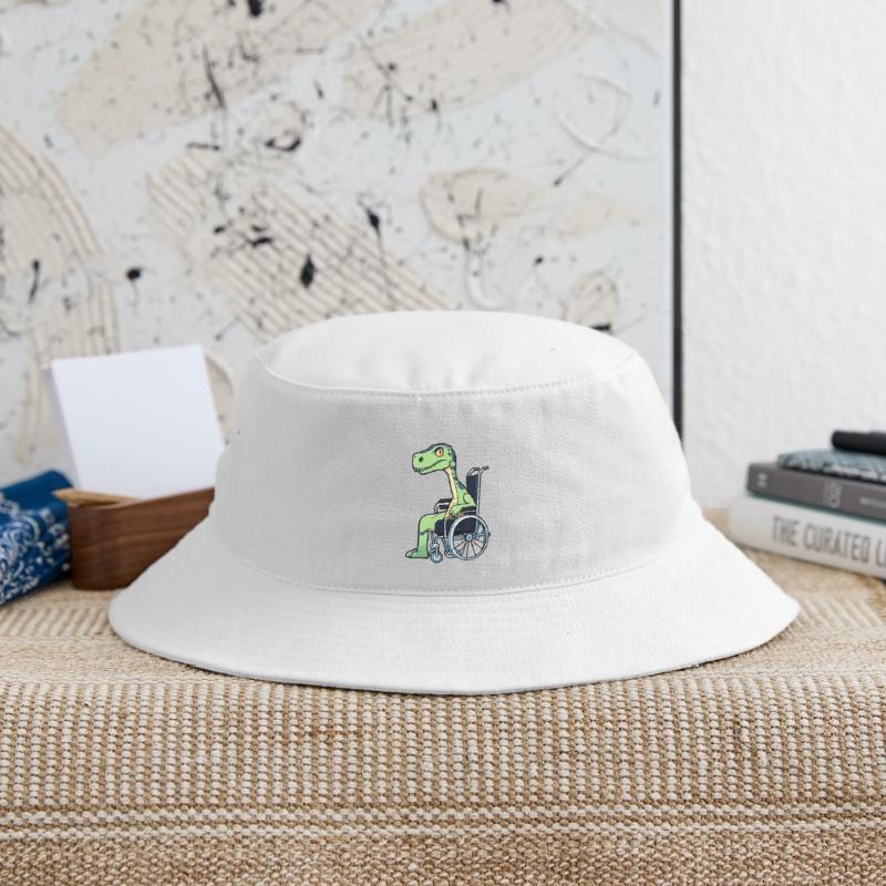 a broken legged dinosaur on wheelchair