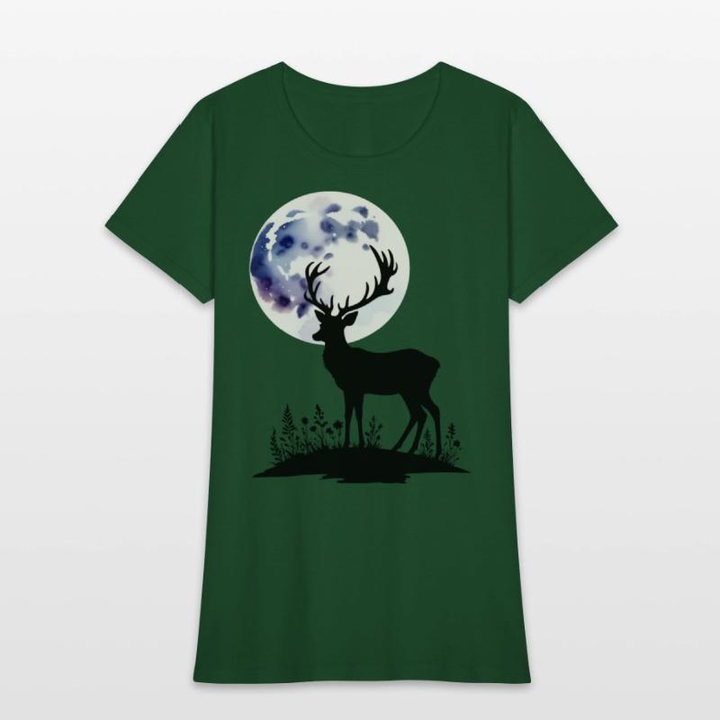 Deer Silhouette Against Watercolor Moon