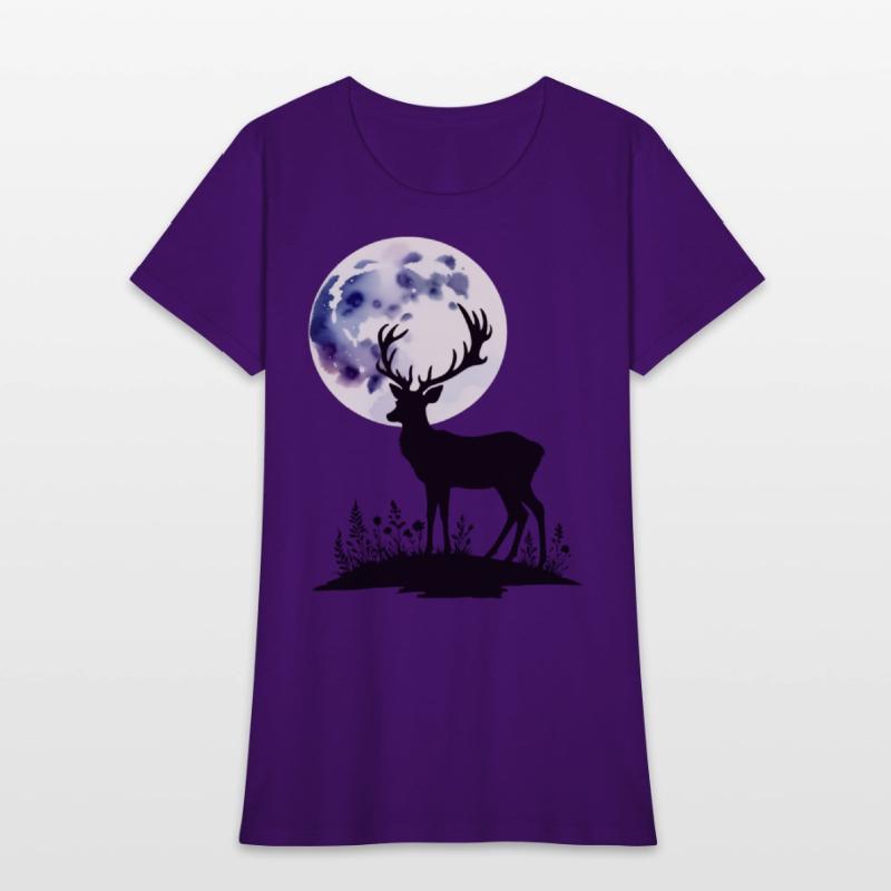 Deer Silhouette Against Watercolor Moon
