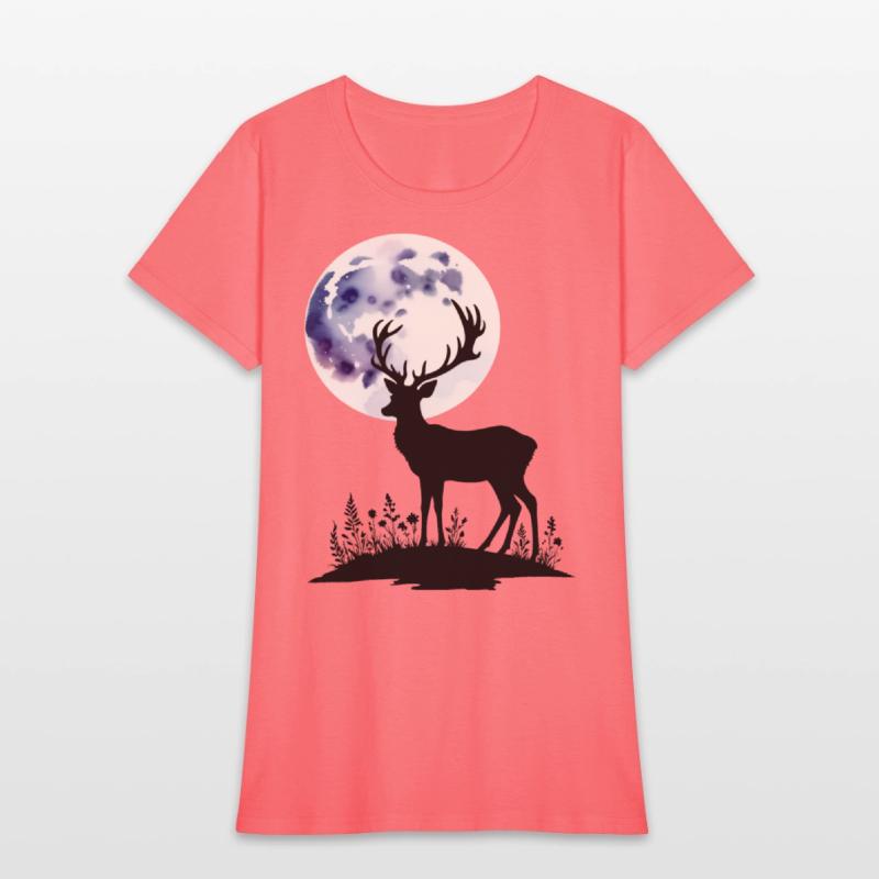 Deer Silhouette Against Watercolor Moon