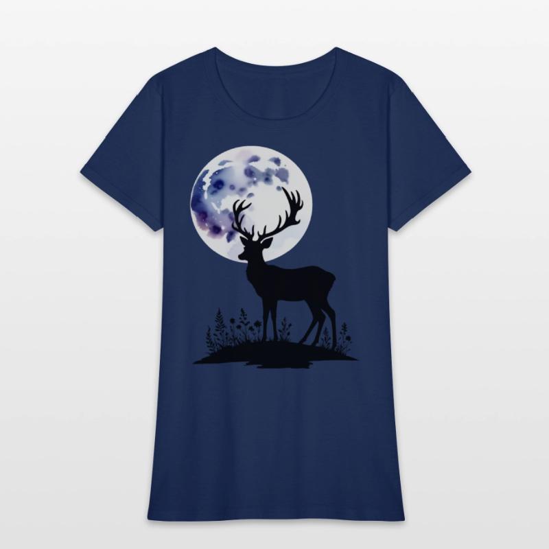 Deer Silhouette Against Watercolor Moon