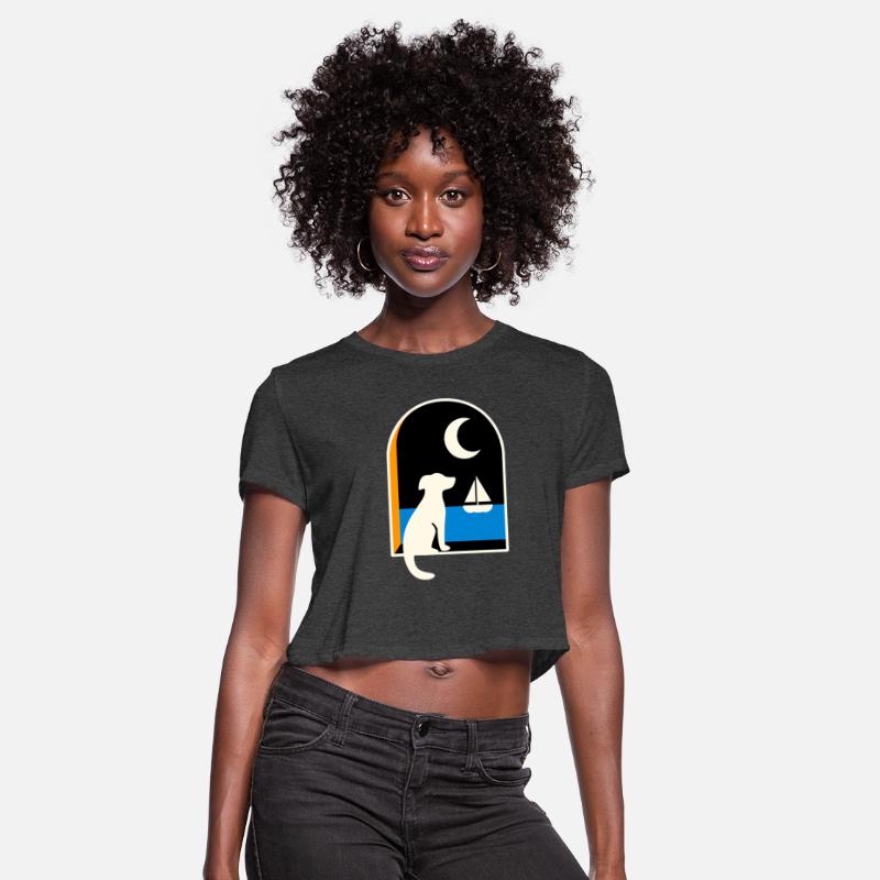 Dog gazing sailboat under the moon