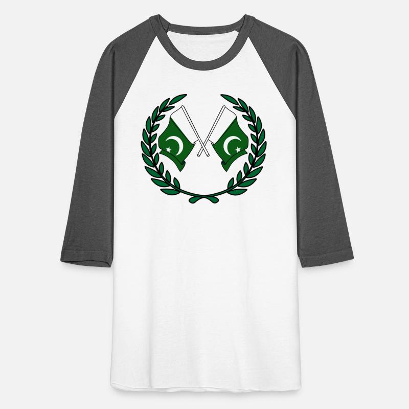 Two flags of Pakistan in green laurel wreath