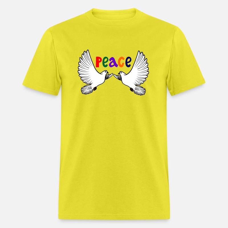 Two white peace doves with colored text in English