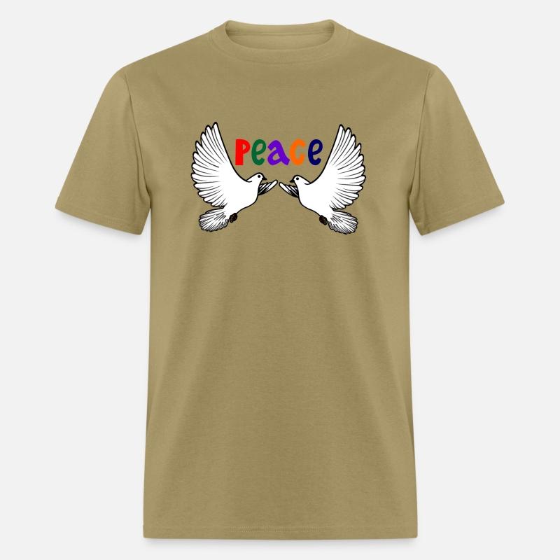 Two white peace doves with colored text in English