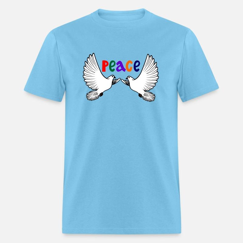 Two white peace doves with colored text in English