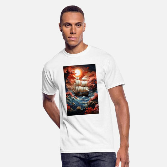 Vintage Ship Amidst Cherry Blossom Waves