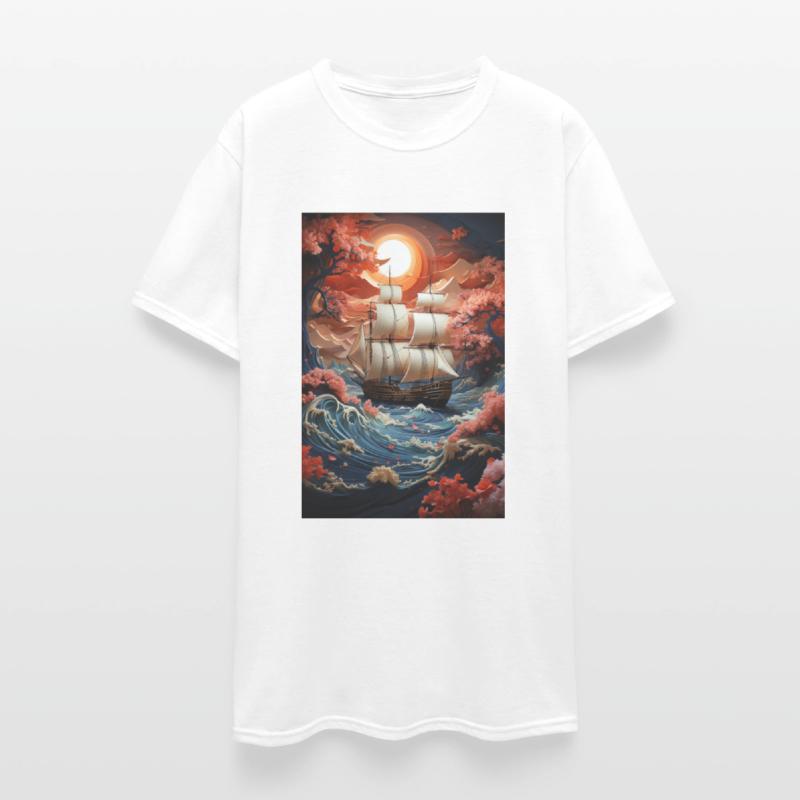 Vintage Ship Amidst Cherry Blossom Waves